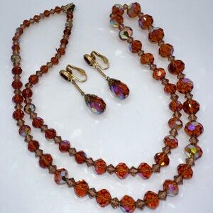 29” amber orange aurora borealis glass beaded necklace clip on earrings set